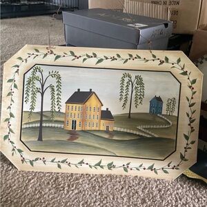 Rustic Yellow House Metal Wall Art with Green Landscape